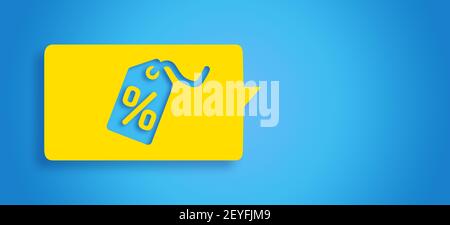 3D rendered percentage icon in chat bubble concept: Isolated yellow bubble on blue background with copy space. Discount tag symbol. Promotion. Stock Photo