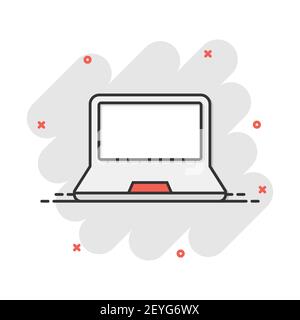 Vector cartoon laptop computer icon in comic style. Notebook sign illustration pictogram. Pc business splash effect concept. Stock Vector