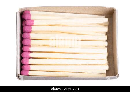 Matchsticks in a matchbox isolated on white. Top view, closeup. Stock Photo