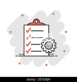 Vector cartoon document icon in comic style. Project management sign illustration pictogram. To do list with gear business splash effect concept. Stock Vector