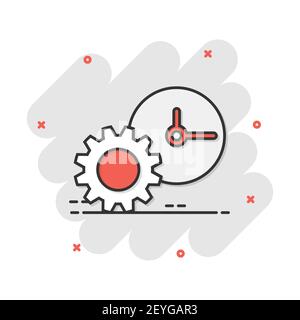 Vector cartoon clock icon in comic style. Project management sign illustration pictogram. Timer with gear business splash effect concept. Stock Vector