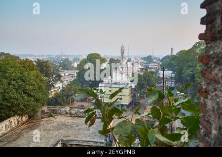 In the narrow lanes and by-lanes of Maheshwar, an old town, now famous for its temples, palace, fort and and a distinct weaving culture Stock Photo