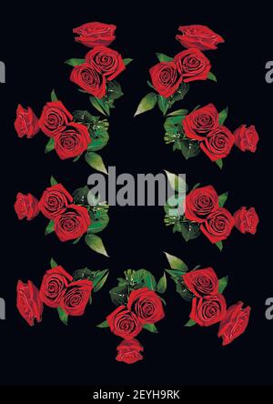 Frames - a bouquet of three red roses. Flowers on the black background of the A4, vertical image. Isolate. Plants Stock Vector