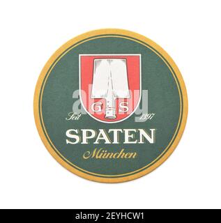 Samara, Russia - March 2021. Spaten lager beer beermat coaster isolated on white Stock Photo