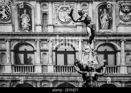 Antwerp, Belgium - July 12, 2019: Black and white photo of Brabo fountain in Antwerp, Belgium Stock Photo