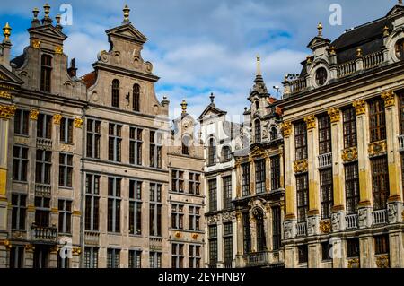 Brussels, Belgium - July 13, 2019: Medieval gothic architecture of buildings around Grand Place square of Brussels Stock Photo