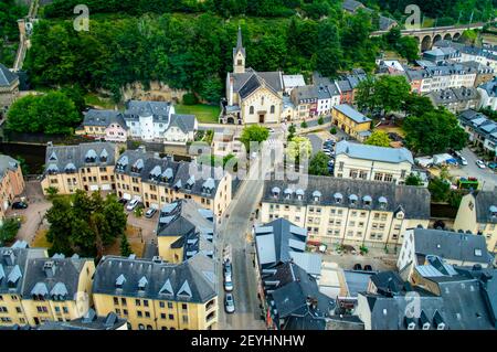 Luxembourg city, Luxembourg - July 15, 2019: Aerial view of houses with grey roofs in the Old Town of Luxembourg city Stock Photo