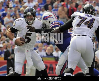 Baltimore Ravens' tackle Michael Oher comes up with a bloody face