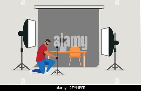 a vlogger setting up recording equipment and about to shoot a video Stock Vector