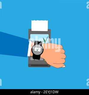 A person makes a payment through a bank terminal using a smart watch. Stock Vector