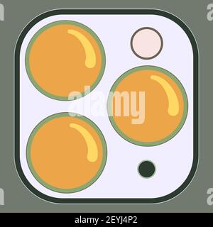 Abstract mobile phone camera. Trendy three-eyed fried eggs on an eden green background. The best gift from the pro for breakfast. Vector concept mock Stock Vector