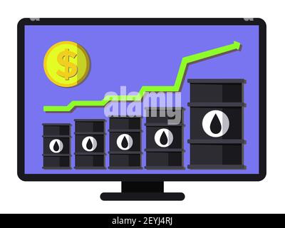 Record oil price increase - conceptual vector. Graph of financial growth. Flat composition includes oil barrels, arrow and coin. Layered template for Stock Vector