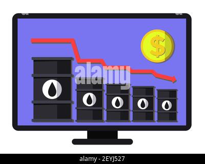 Record decline in oil prices - conceptual vector. Schedule of financial collapse. Flat composition includes oil barrels, arrow and coin. Layered templ Stock Vector