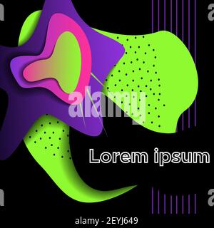 Colorful neon abstract figures on black background. Pattern of modern geometric line and shape, memphis and paper art design. Vector template for soci Stock Vector
