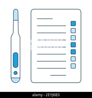 Medical thermometer and test checklist for COVID-19 vaccination. A medical poster template in shades of blue. Vector illustration isolated on a white Stock Vector
