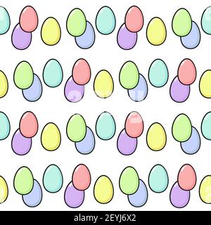 Happy Easter seamless pattern with painted eggs. Fun holiday elements in delicate colors - pink, blue, yellow, green, lilac, purple, mint and coral. S Stock Vector