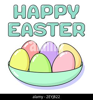 Happy Easter card with painted eggs in plate and lettering. Holiday concept coloring in pastel colors - pink, blue, yellow, green and coral. Square ve Stock Vector
