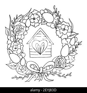 Scetch of Easter wreath of flowers decorated with painted eggs, ribbon and house with a window. Vector illustration in the style of line-art handdrawn Stock Vector