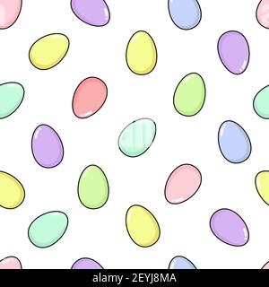 Happy Easter seamless pattern with painted eggs. Fun holiday elements in delicate colors - pink, blue, yellow, purple, green, lilac,mint and coral. Sq Stock Vector