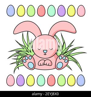 Happy Easter cute pink rabbit in grass with a border of Easter eggs isolated on white background. Greeting card or banner in delicate colors - coral, Stock Vector