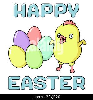 Happy Easter cute chicken, painted bright eggs and lettering. Holiday card in pastel colors-pink, lilac, yellow, green and turquoise. Square vector fl Stock Vector