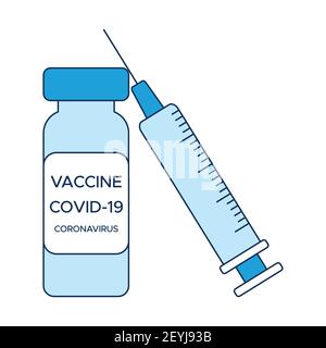 Concept COVID-19 vaccination, one ampoule of vaccine and a syringe, a medical poster in shades of blue. Vector illustration in the style of a flat ico Stock Vector