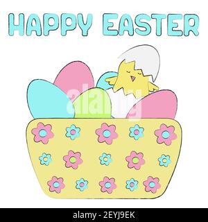Happy Easter card with lettering. A cute chicken hatched from an egg in a plate of Easter eggs. Festive banner of delicate colors-pink, blue, yellow, Stock Vector