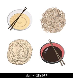Traditional Japanese or Korean food - a set of ingredients for traditional Oriental ramen noodle soups. Vector illustration in hand-drawn style on a w Stock Vector