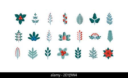 A big collection of Merry Christmas and Happy New year floral elements in a flat retro style. Suitable for creating postcards, banners and patterns. V Stock Vector