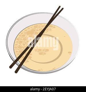 Japanese bowl with broth and wooden sticks. Traditional Korean or Japanese food, suitable for ramen noodle soup and other national dishes. Vector illu Stock Vector