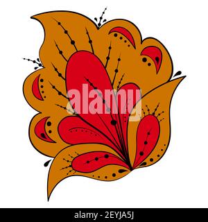 Russian khokhloma in the traditional style - yellow and red flower with curls and leaves. Separate element for the design. Vector illustration in hand Stock Vector