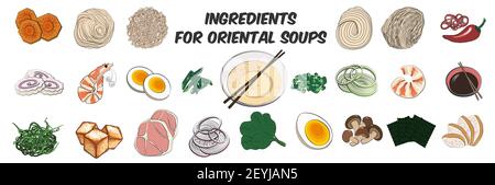 Traditional Japanese or Korean food-a large set of ingredients for traditional Oriental ramen noodle soups. Vector illustration in hand-drawn style on Stock Vector