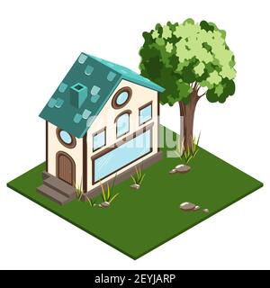 The isometric house is a two-story shop with an attic and Windows of different shapes. Turquoise roof with tiles, light cream facade, large showcase i Stock Vector