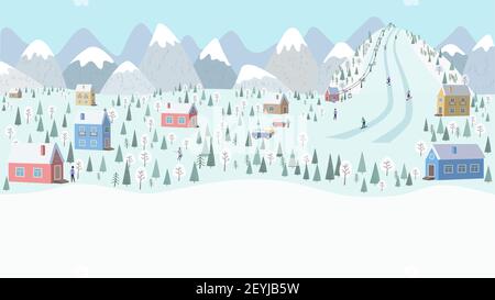Winter landscape, snow-covered mountain village-houses, cars, Alpine resort, mountain with ski run and lift, skiers and snowboarders. Vector illustrat Stock Vector