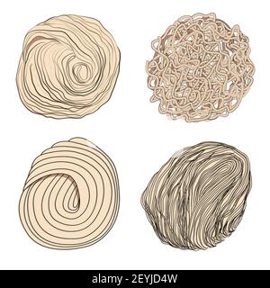 Japanese ramen noodles vector set of four types - round, flat, wavy, rectangular, thin, medium and thick. Stock illustration isolated on white backgro Stock Vector