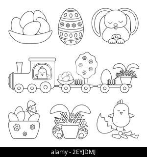 Collection of Happy Easter character templates - cute rabbit, chicken, train, flowers, Easter eggs, grass. Festive vector illustration in the style of Stock Vector