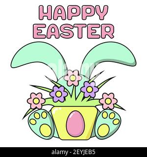 Happy Easter cute rabbit hid behind a pot of flowers and Easter eggs in cartoon style. Card or banner in delicate colors-pink, blue, yellow, green. Sq Stock Vector