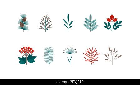 A collection of Merry Christmas and Happy New year floral elements in a flat retro style. Suitable for creating postcards, banners and patterns. Vecto Stock Vector