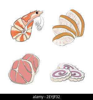 Set of traditional Japanese or Korean food - shrimp, pork, chicken and narutomaki. Set of ingredients for traditional Oriental ramen noodle soups. Vec Stock Vector