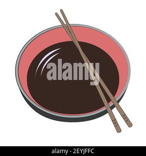 Japanese bowl with soy sauce and wooden sticks. Traditional Oriental food, suitable for sushi, ramen and other national dishes. Vector illustration in Stock Vector