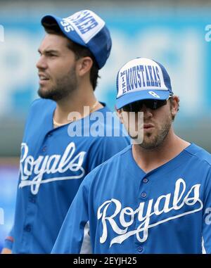 Kansas City Royals first baseman Eric Hosmer (35) wears a hat made