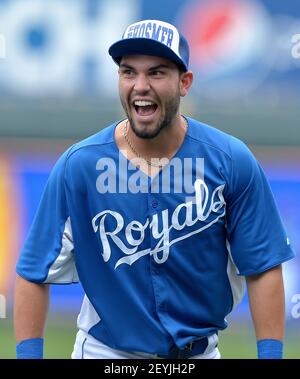 Kansas City Royals first baseman Eric Hosmer, during batting practice  before a baseball game on Friday, Aug. 14, 2015, in Kansas City, Mo. (AP  Photo/Reed Hoffmann Stock Photo - Alamy