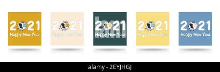 Set of banners Happy New Year 2021 vector stories background with sign and symbol of the year Bull or Ox. Trend colors Sail Champagne, Fortuna Gold, T Stock Vector