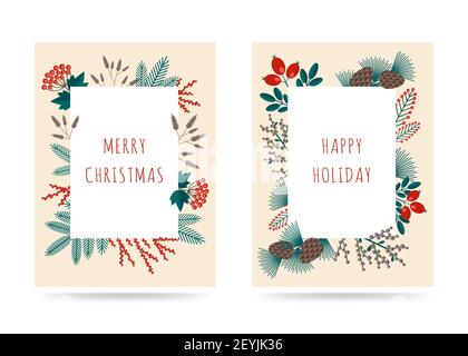 Collection of Merry Christmas greeting cards with winter plants frame in the retro style. Stock vector illustrations with botanical symbols of holiday Stock Vector