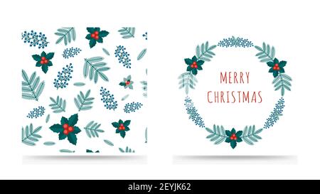 Collection of Merry Christmas greeting card and seamless pattern with winter plants wreath in the retro style. Stock vector illustrations with botanic Stock Vector