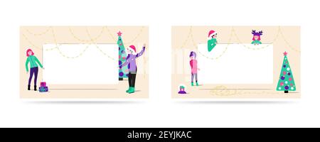 Merry Christmas family - people smiling holding a white banner, a place for your text. Concept preparation and holiday greetings. Bright vector illust Stock Vector