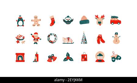 Merry Christmas and Happy New Year set of holiday elements in hand drawn style - red, green, beige. Vector illustration isolated- clip-art collection Stock Vector