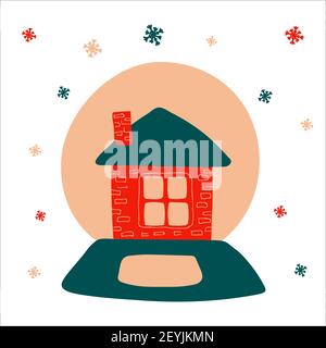 Christmas snow globe with a cozy house inside on a white background with a pattern of snowflakes in scandinavian hand drawn style. Vector illustration Stock Vector