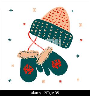 Christmas traditional hat and mitten for gifts in scandinavian hand drawn style. Vector illustration, one simple bright object, square format. Suitabl Stock Vector