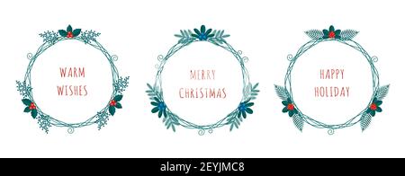 Merry Christmas collection of greeting cards with winter plants frame in the modern flat style. Stock vector illustrations with botanical symbols of h Stock Vector